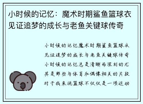小时候的记忆：魔术时期鲨鱼篮球衣见证追梦的成长与老鱼关键球传奇