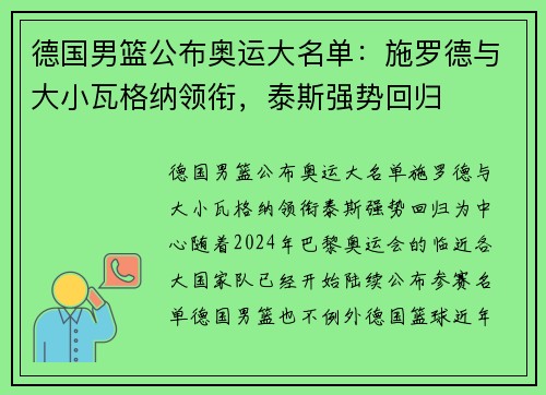 德国男篮公布奥运大名单：施罗德与大小瓦格纳领衔，泰斯强势回归